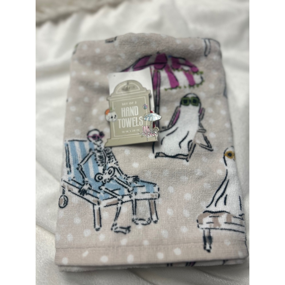 Halloween Beach Skeleton Ghost Hand Towel Summerween Tan Polka Dot Cotton